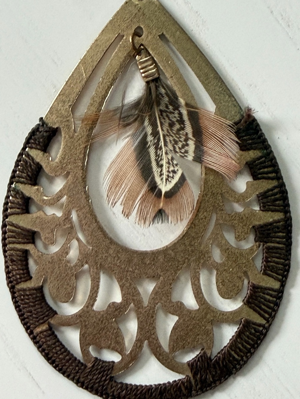 Gold Teardrop Filigree & Feather Dangle Earrings - Picture 4 of 5